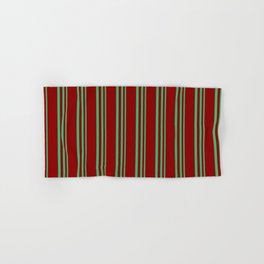 [ Thumbnail: Sea Green & Dark Red Colored Stripes/Lines Pattern Hand & Bath Towel ]