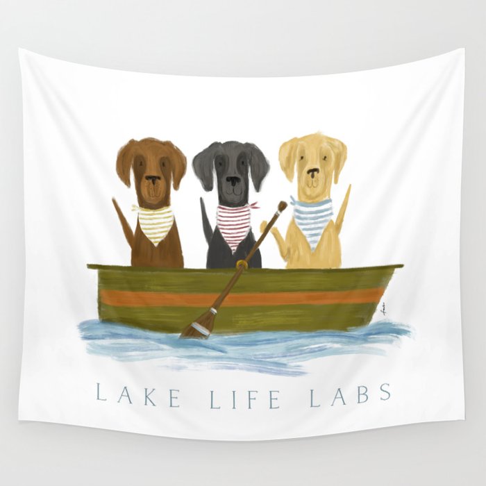 Lake life labrador labs dog boat oar lakehouse lake house art Wall Tapestry