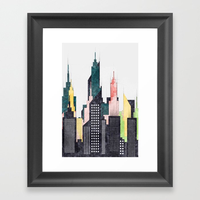 Colorful City Buildings And Skyscrapers Sketch, New York Skyline, Wall Art Poster Decor, New York Gerahmter Kunstdruck