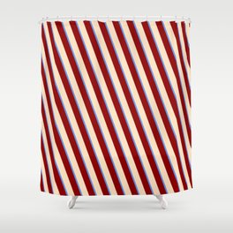 [ Thumbnail: Cornflower Blue, Dark Red, and Bisque Colored Lines Pattern Shower Curtain ]