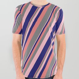 [ Thumbnail: Light Coral, Gray, Pink & Midnight Blue Colored Stripes Pattern All Over Graphic Tee ]
