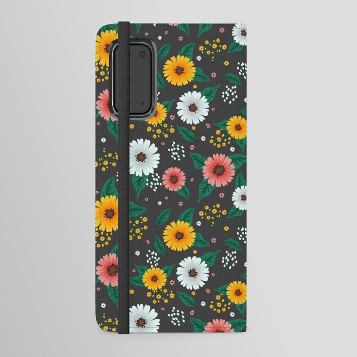Colorful Spring Flowers Pattern in Dark Grey Background Android Wallet Case