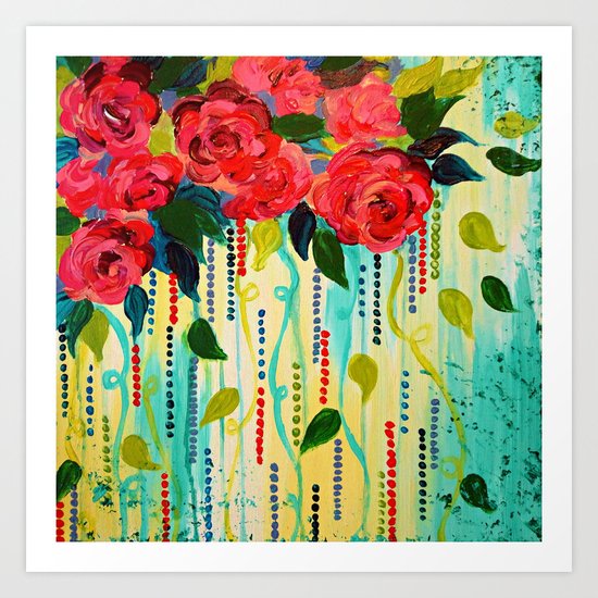 ROSE RAGE Stunning Summer Floral Abstract Flower Bouquet Feminine Pink Turquoise Lime Nature Art Art Print