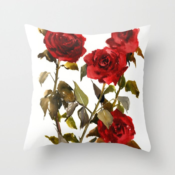 Burgundy Red Roses, deep red floral olive green dark red design roses from garden Throw Pillow