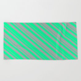 [ Thumbnail: Dark Gray and Green Colored Lines Pattern Beach Towel ]