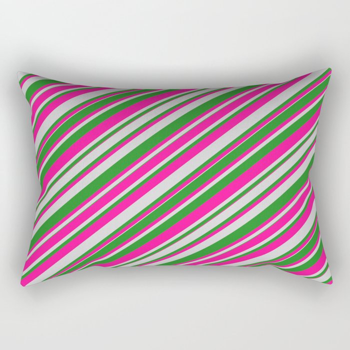 Deep Pink, Light Grey, and Forest Green Colored Lines Pattern Rectangular Pillow