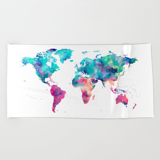 World Map Turquoise Pink Blue Green Beach Towel