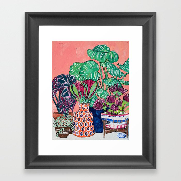 Cluster of Houseplants and Proteas on Pink Still Life Painting Framed Art Print