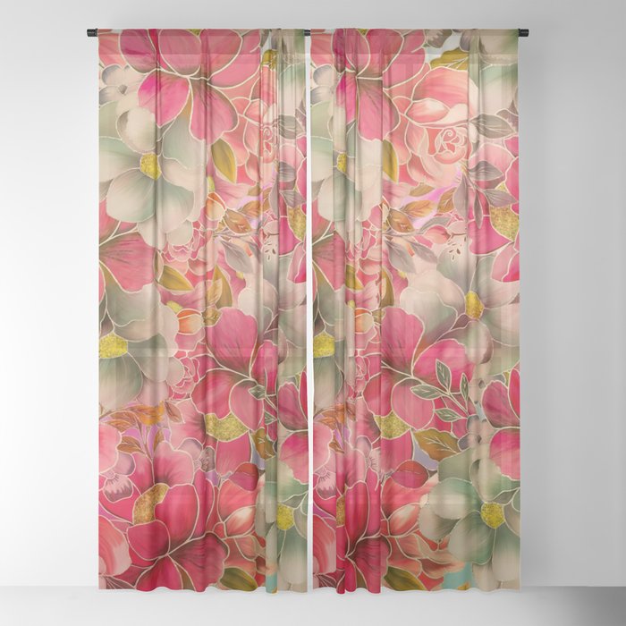 Modern pink mint green gold watercolor floral Sheer Curtain