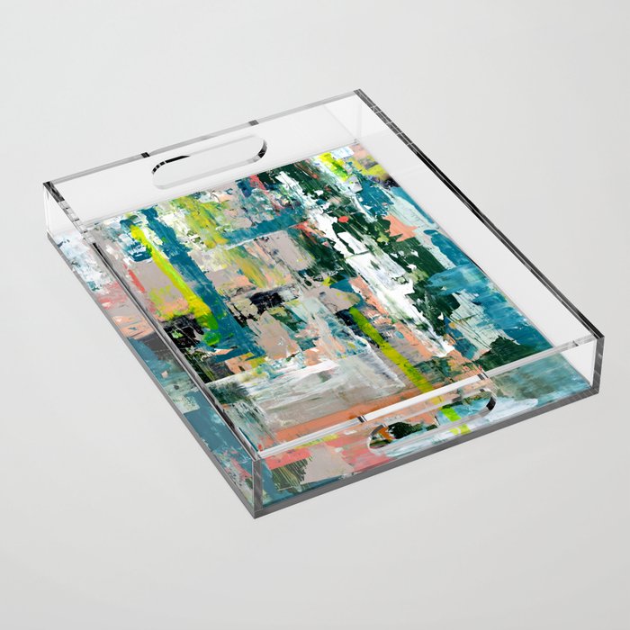 Imagine: A bright abstract painting in green, pink, and neon yellow by Alyssa Hamilton Art Acrylic Tray