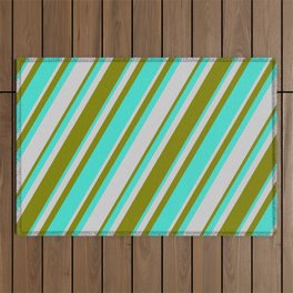 [ Thumbnail: Turquoise, Light Grey & Green Colored Lines/Stripes Pattern Outdoor Rug ]