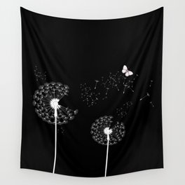 White Dandelions Butterfly Black Background Wall Tapestry