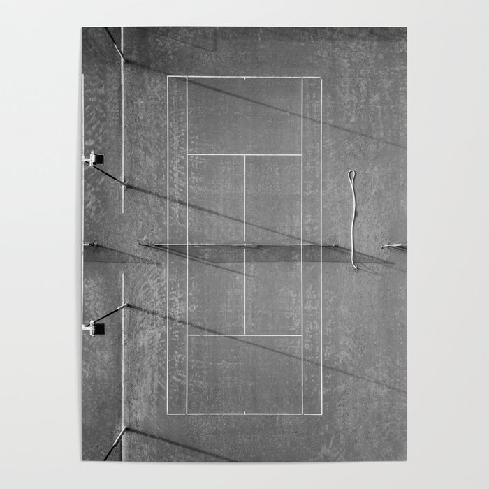 Grey tennis court at sunrise | Black and white drone aerial photography art | sports field print Poster