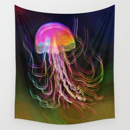 Jellyfish Smell of Summer Wall Tapestry | Ocean, Seascape, Digital, Pink, Summer, Painting, Black, Menchulica, Coral, Animal 