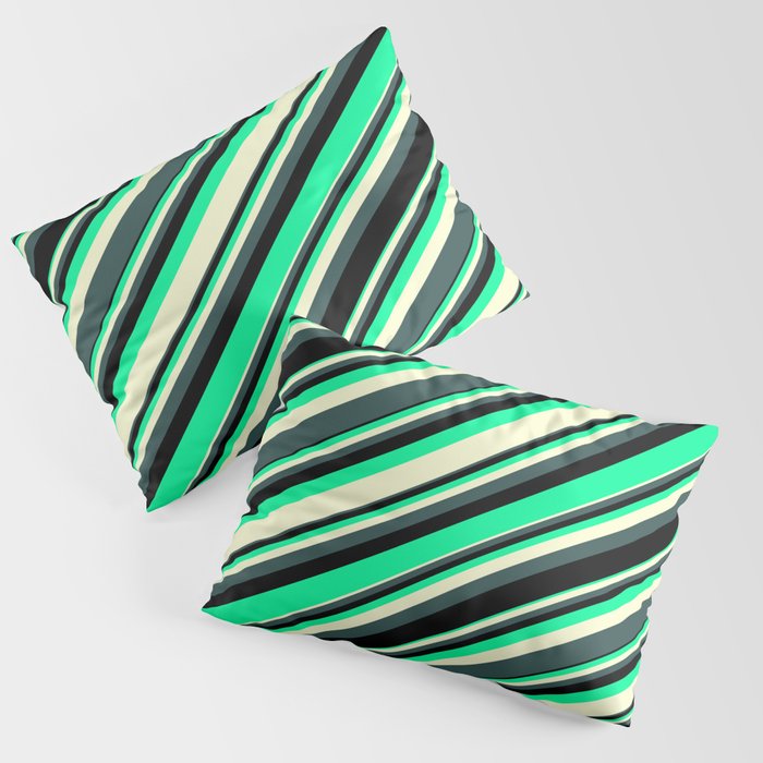 Green, Light Yellow, Dark Slate Gray & Black Colored Lined/Striped Pattern Pillow Sham