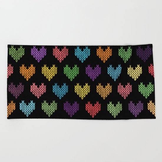Colorful Knitted Hearts Beach Towel