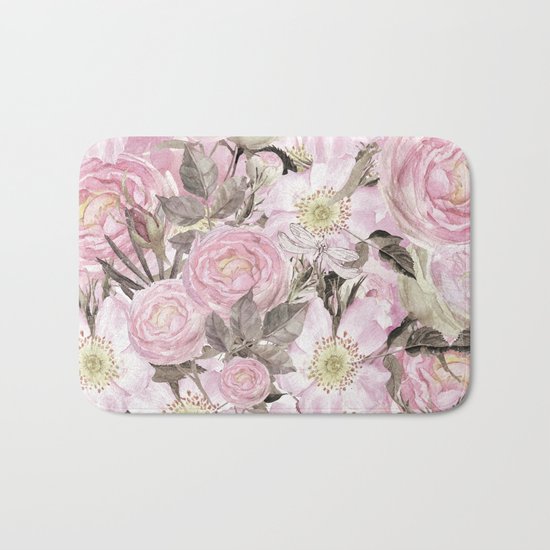 Floral Vintage painterly background in pink with Roses Flowers and insect Bath Mat