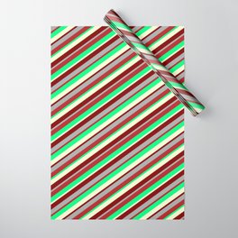 [ Thumbnail: Green, Light Yellow, Maroon, Dark Grey, and Red Colored Lines/Stripes Pattern Wrapping Paper ]