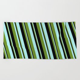 [ Thumbnail: Green, Black & Turquoise Colored Lines Pattern Beach Towel ]