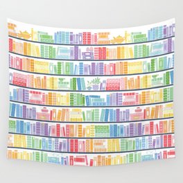 Rainbow Shelf Book Pattern - White Background Wall Tapestry
