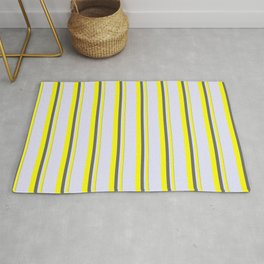[ Thumbnail: Dim Grey, Yellow & Lavender Colored Striped Pattern Rug ]