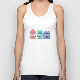 Colourful Portuguese houses // navy blue background rob roy yellow mandy red electric blue and peacock teal Costa Nova inspired houses Unisex Tank Top