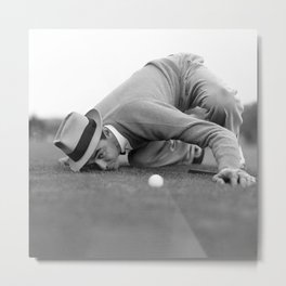 Eye to the ground on the 18th hole; golfing man eyes ball to measure distance to hole vintage black and white portrait photograph - photography - photographs poster Metal Print | Pga, The, Sports, Photographs, And, Holeinone, Black, Black And White, Bogey, Masters 