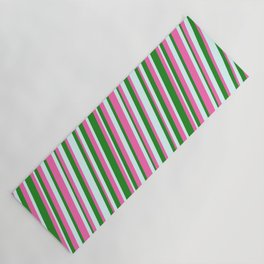 [ Thumbnail: Forest Green, Hot Pink, and Light Cyan Colored Stripes/Lines Pattern Yoga Mat ]