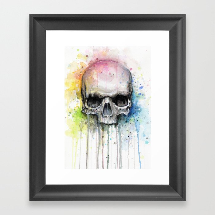 Skull Rainbow Watercolor Framed Art Print