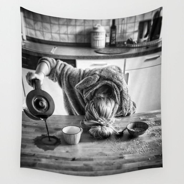 First I Drink the Coffee, Then I do the Stuff - hangover black and white photograph / photography Wall Tapestry