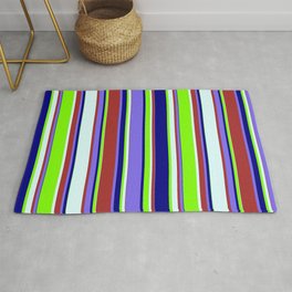 [ Thumbnail: Colorful Brown, Medium Slate Blue, Blue, Chartreuse & Light Cyan Colored Striped/Lined Pattern Rug ]