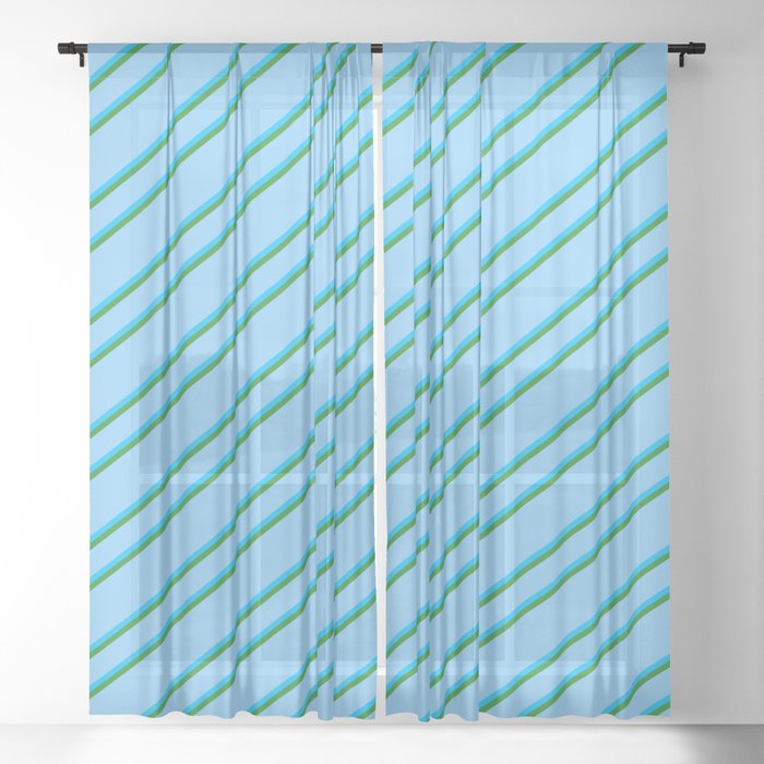 Light Sky Blue, Deep Sky Blue, and Forest Green Colored Striped Pattern Sheer Curtain