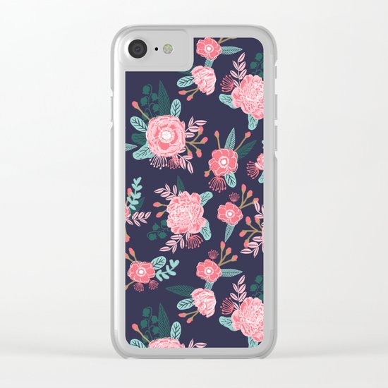 Peony floral bouquet navy pink bright happy flowers dorm college office decor must have pattern Clear iPhone Case