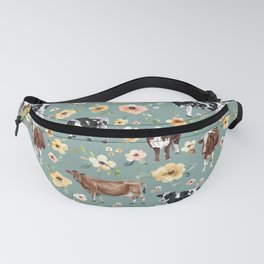 Cows and Flowers on Country Blue, Yellow Flowers, Cow Floral, Pink Flowers Fanny Pack