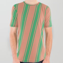 [ Thumbnail: Dark Salmon and Sea Green Colored Striped Pattern All Over Graphic Tee ]