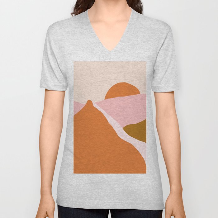 Pink and Orange Sunset Landscape in Contemporary Minimalism  V Neck T Shirt
