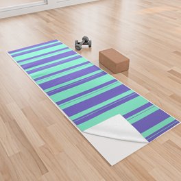 [ Thumbnail: Aquamarine & Slate Blue Colored Lines Pattern Yoga Towel ]