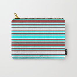 [ Thumbnail: Cyan, White, and Brown Colored Lines/Stripes Pattern Carry-All Pouch ]