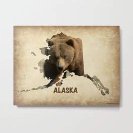 Alaskan Grizzly Map Metal Print | Photo, Bear, Alaskan, Map, Antique, Vintage, Mixed Media, Wildlife, Animal, Double Exposure 