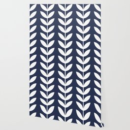 Navy Blue and White Scandinavian leaves pattern Wallpaper