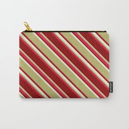 [ Thumbnail: Dark Khaki, Crimson, Dark Red & Beige Colored Pattern of Stripes Carry-All Pouch ]