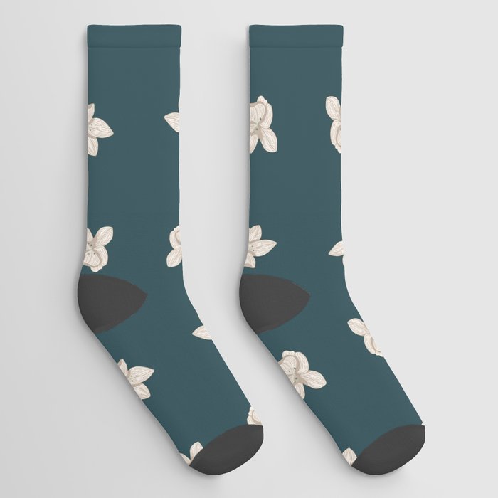 White Lily Watercolor Flower on Dark Green Socks