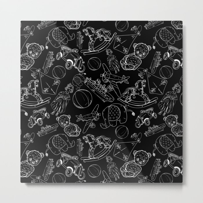 Black and White Toys Outline Pattern Metal Print