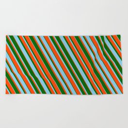 [ Thumbnail: Dark Green, Sky Blue, and Red Colored Striped Pattern Beach Towel ]