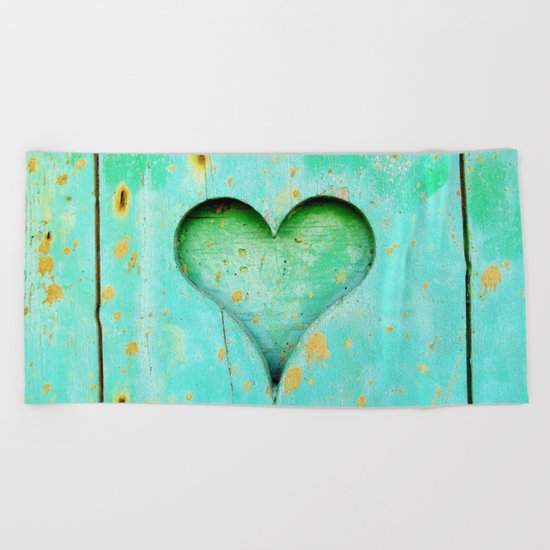 Blue Peeling Paint Wood Heart Beach Towel