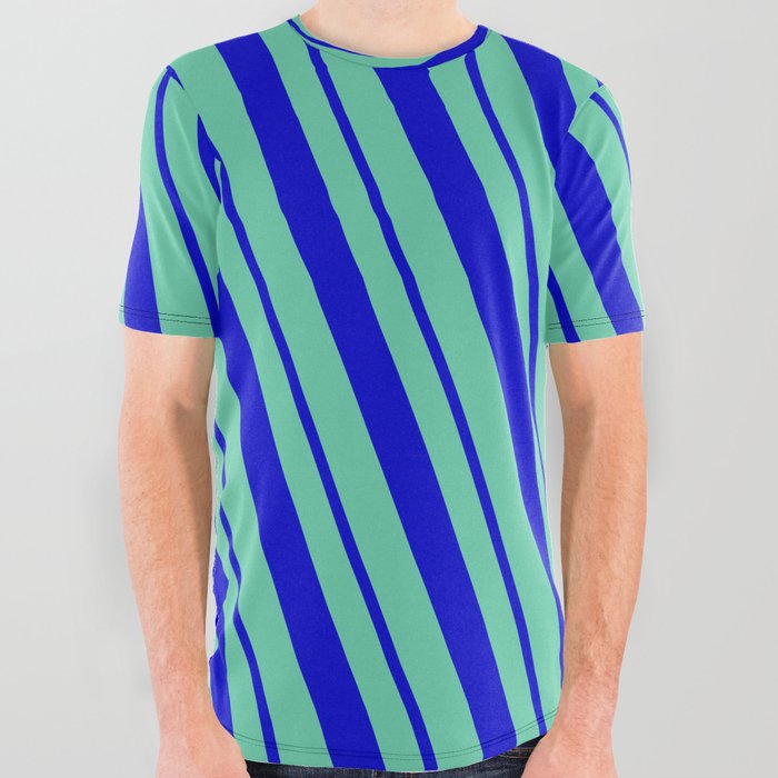 Aquamarine and Blue Colored Pattern of Stripes All Over Graphic Tee