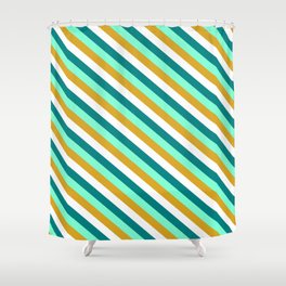 [ Thumbnail: Aquamarine, Goldenrod, White & Teal Colored Pattern of Stripes Shower Curtain ]
