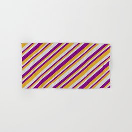 [ Thumbnail: Light Gray, Purple & Goldenrod Colored Lines Pattern Hand & Bath Towel ]