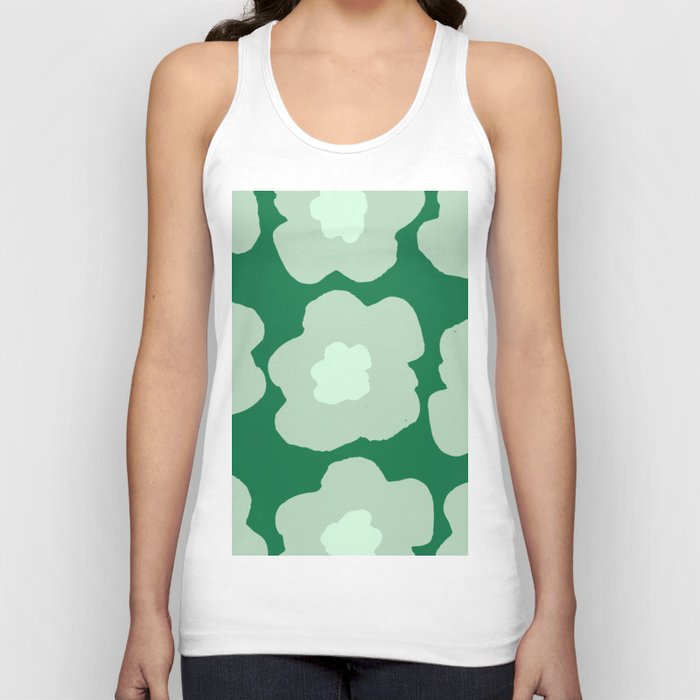 Large Pop-Art Retro Flowers in Sage Moss on Green Background  Tank Top