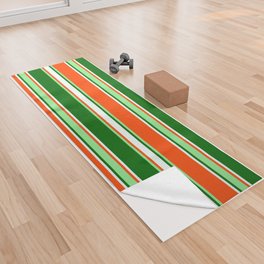 [ Thumbnail: Red, Light Green, Dark Green, and Mint Cream Colored Lined/Striped Pattern Yoga Towel ]